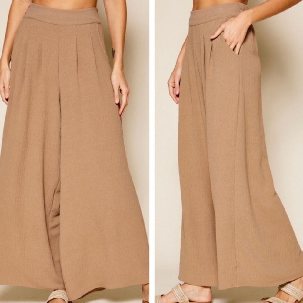 #128 LAST CHANCE! 🛑L Mocha Khaki Fabulous Boho Wide Leg Solid Pleated Pants - Picture 3 of 11